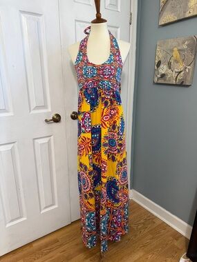 Tracy Negoshian  Boho Halter Maxi Dress - Yellow Multi. Size Small